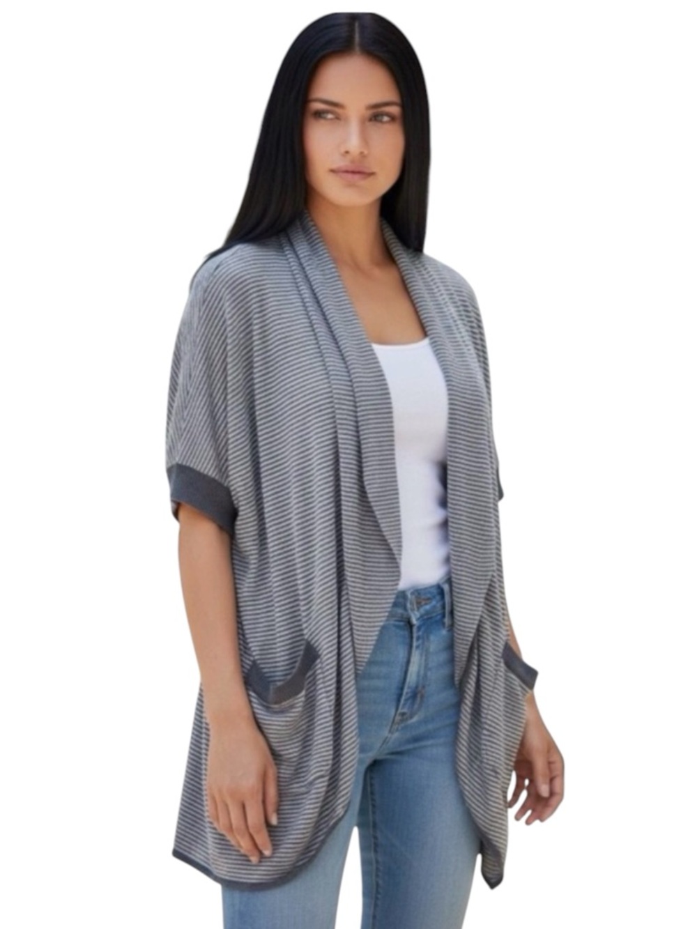 Wrap London size 8 (US) 100% linen striped short sleeve open cardigan